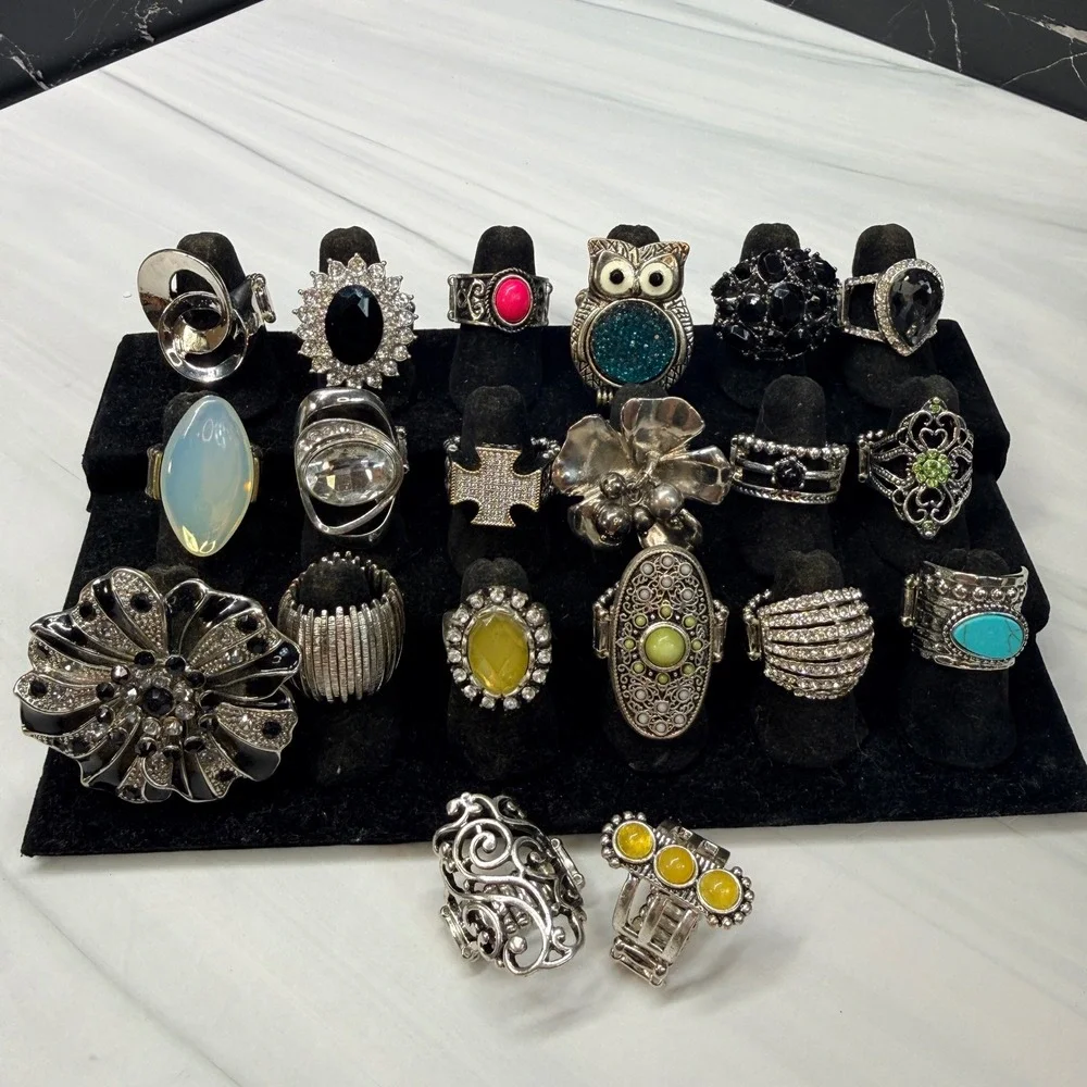 20pc Stretch Ring Lot Statement Rhinestone Cocktail Boho Fashion Jewelry Owl